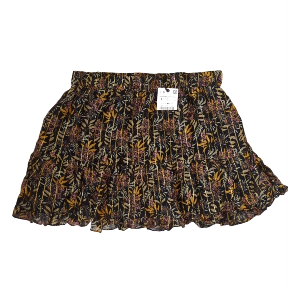 NWT Zara Floral Frilly Metallic Embellished Lined Mini Skirt LARGE Black Gold